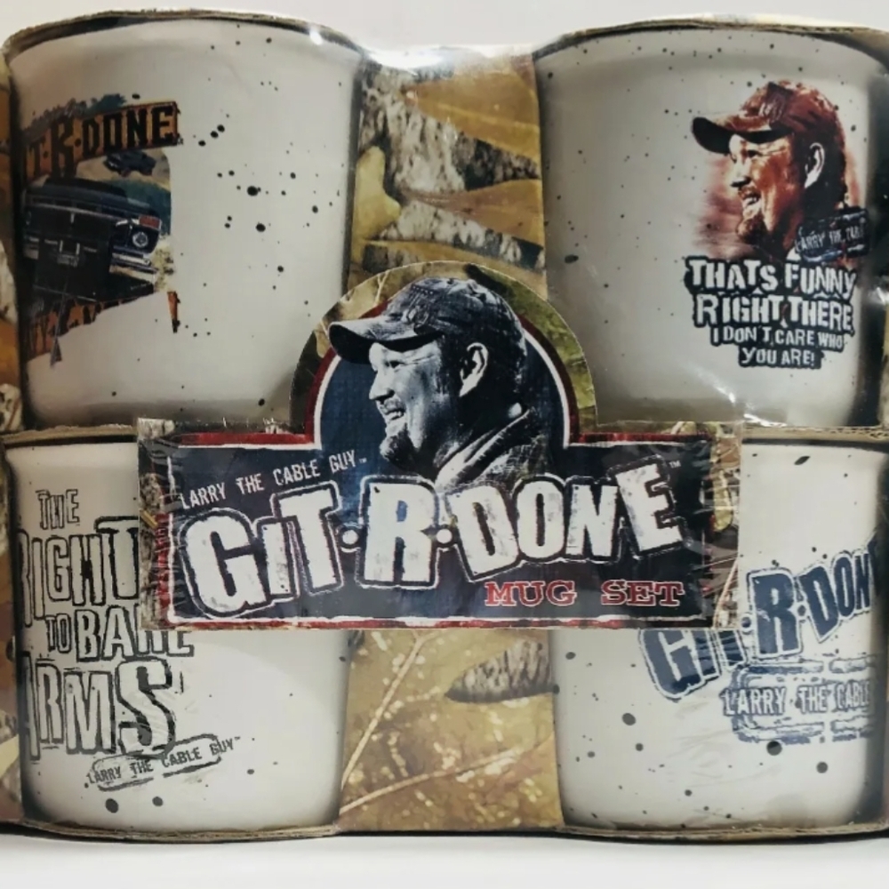 Larry The Cable Guy, Coffee Mugs, Git R Done, Set of 4, Speckled Stoneware, New